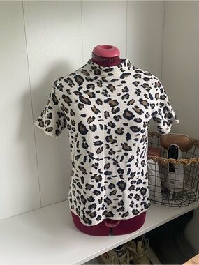 Anthropologie Field Flower Short Sleeve Mock Neck Leopard Print Knit Top